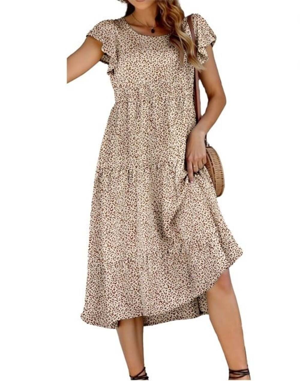 Women’s Summer Boho Dress, Print Ruffle Sleeve Midi Beach Dress, Large